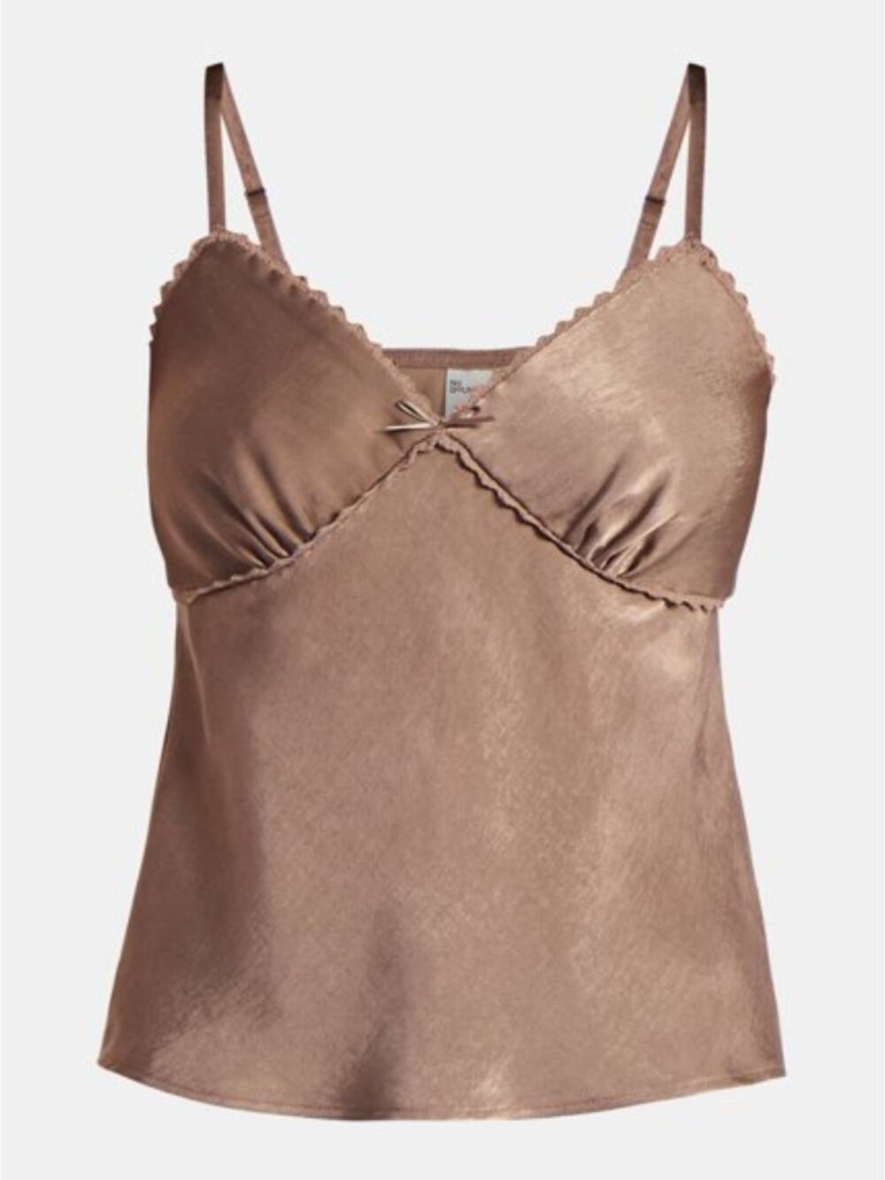 No Boundaries Mocha Satin Cami Top Bow Lace Trim Babydoll Sweetheart  L (12-14)